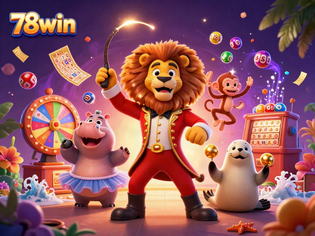 Experience thrilling fun with 78win as colorful lottery balls dance in a vibrant casino scene.