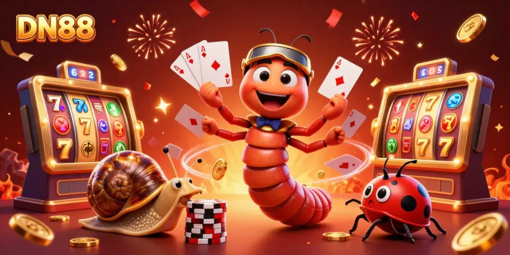 Engage with DN88's dynamic 3D casino scene featuring colorful slots, cards, and vivid dealer interactions.
