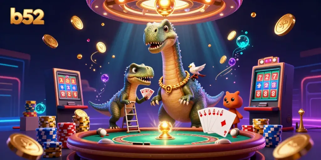 Experience gambling thrills at b52 with a giant brontosaurus and clever raptor in a vibrant casino.