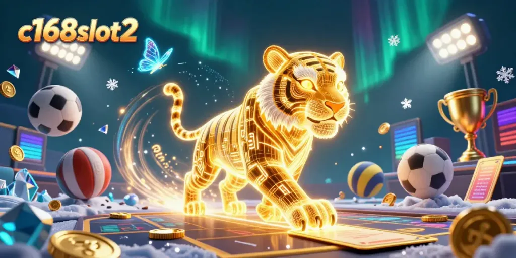Experience thrilling gameplay at c168slot2 featuring a neon golden tiger in a vibrant digital casino.