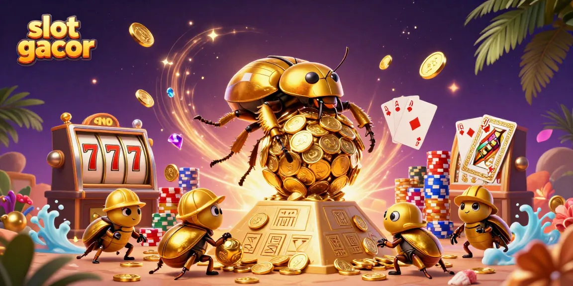 Engage with slot gacor visuals of a golden beetle amidst vibrant casino elements.