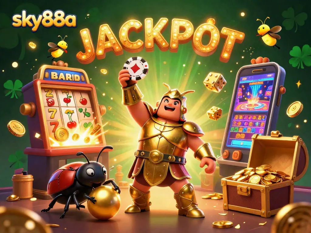 Join the excitement at sky88a with a victorious beetle and an explosion of casino symbols!