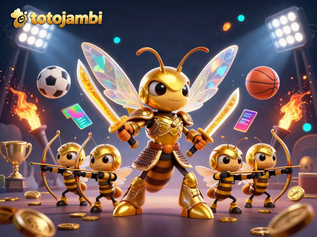 Engage with totojambi: a vibrant action scene filled with golden hornets and sports betting elements.
