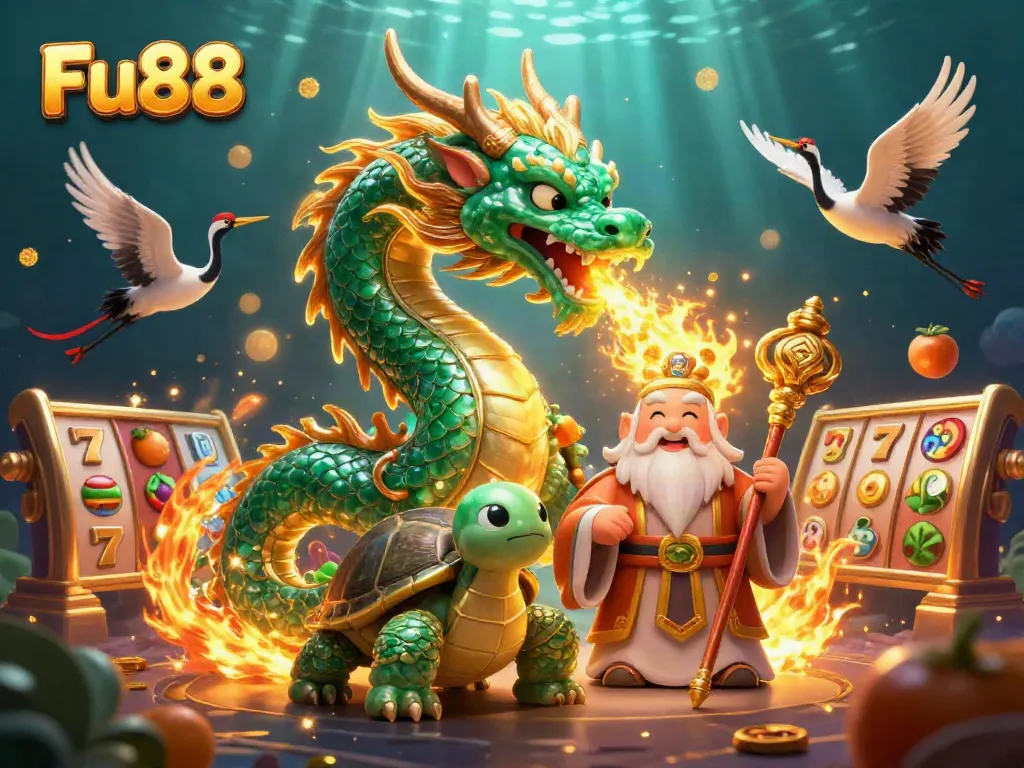 Engage with Fu88, featuring a jade dragon, wise turtle, and lucky cranes in a vibrant casino-themed scene.
