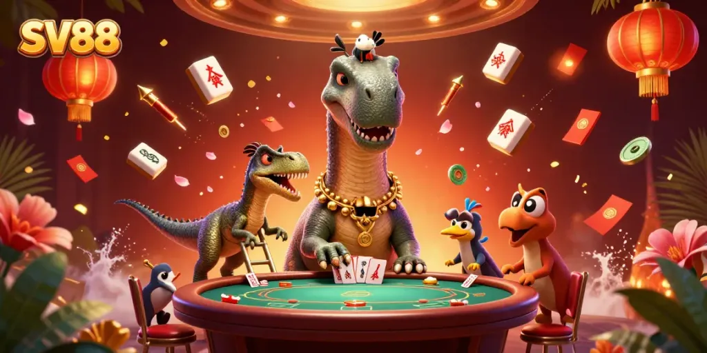 Experience SV88's vibrant game scene with a tall brontosaurus, raptor dealer, and festive elements in a dynamic casino atmosphere.