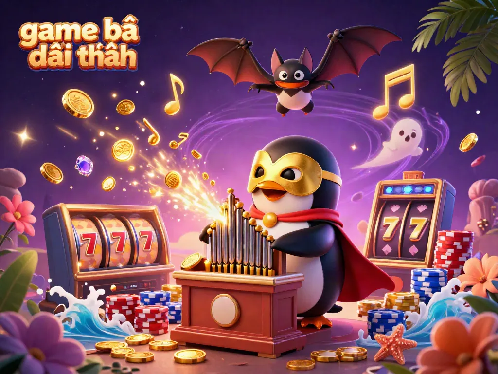 Engaging 3D game bài đổi thưởng scene showcasing a masked penguin playing an organ with golden coins and vibrant decorations.