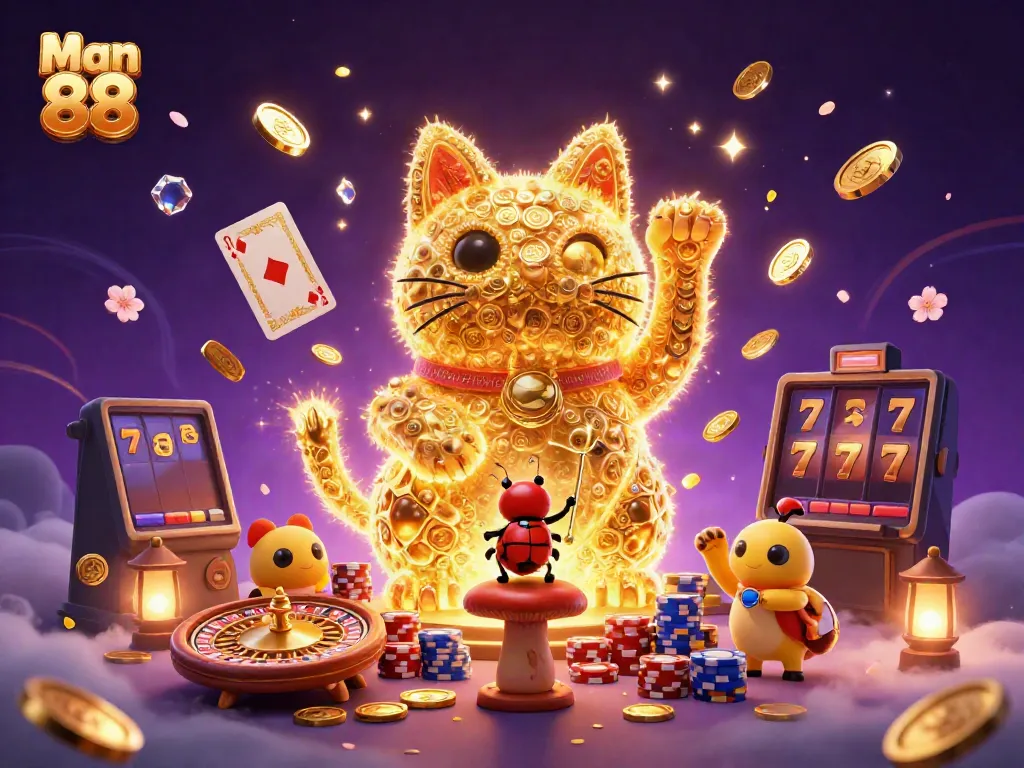 Man 88 showcases a magical casino world with a lucky cat and golden fireflies, bringing winning charm.