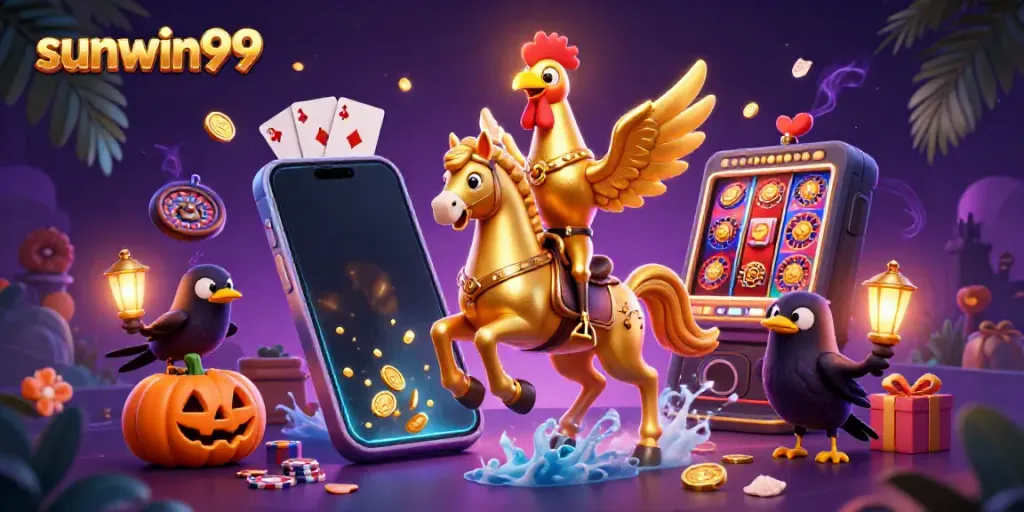 Experience thrilling gameplay with sunwin99 featuring a golden rooster in a vibrant casino scene.