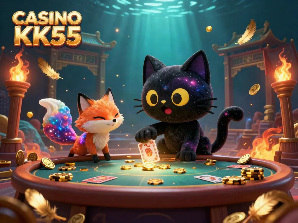 CASINO KK55 features a black hole cat and colorful fox at a cosmic casino table pulling in golden chips.