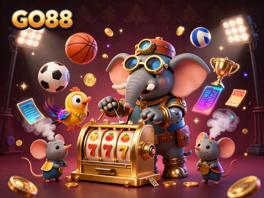 Experience the excitement of GO88 with a steampunk elephant at a golden slot machine, surrounded by sports elements.