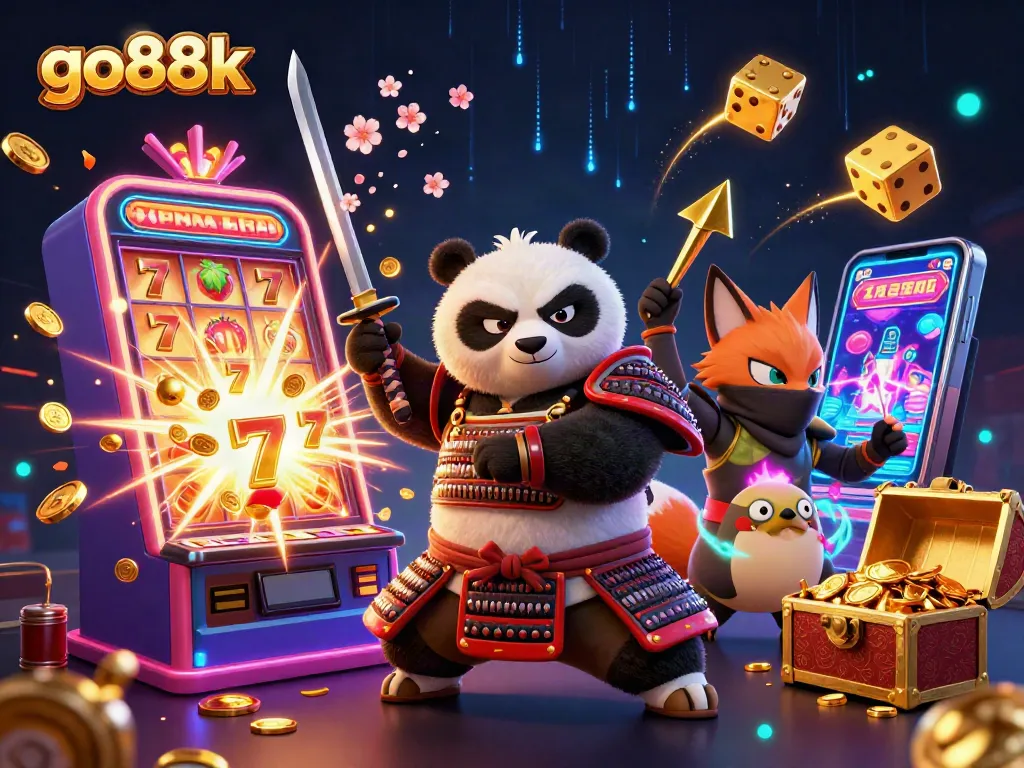 Experience excitement with go88k in a vibrant, magical 3D casino scene featuring dynamic characters and slot machines.
