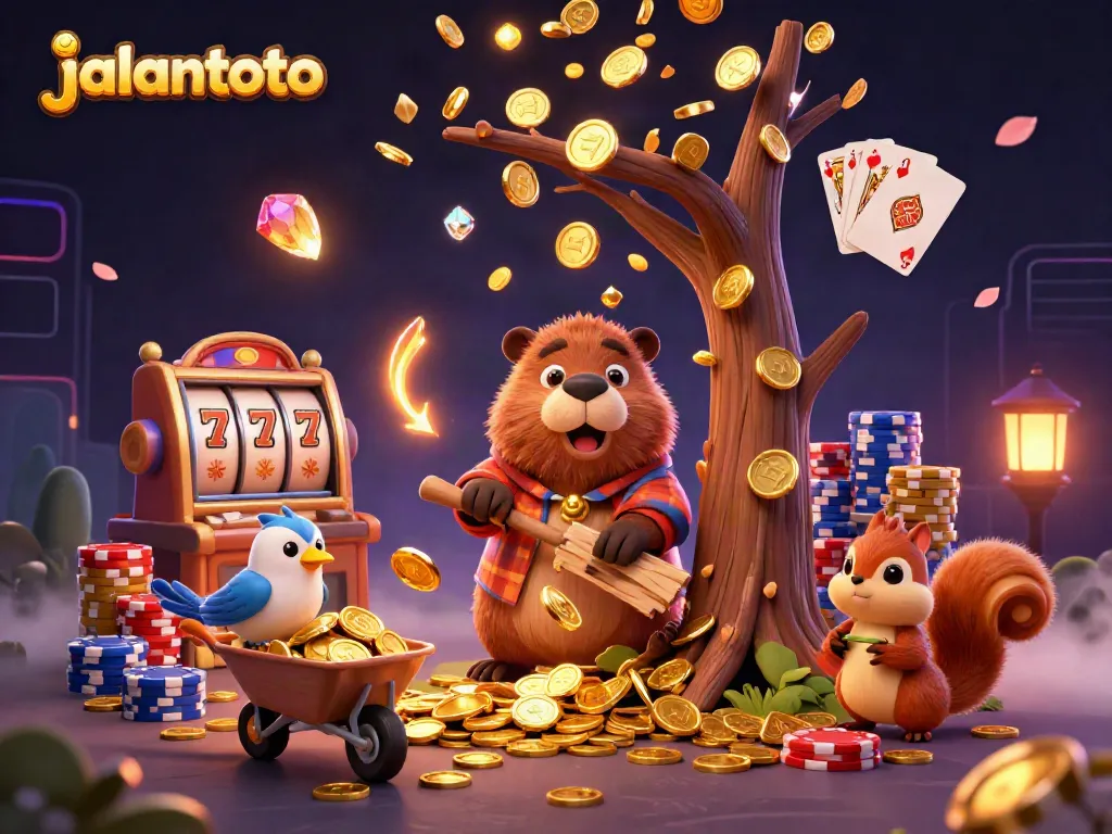 Play with jalantoto to win big in a vibrant casino-themed scene filled with gold coins and jackpots.