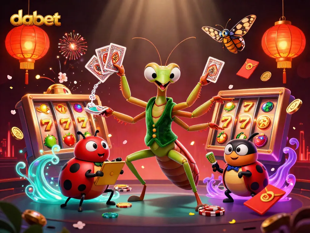 Dabet's vibrant casino action scene with a giant card sharp and ladybug pit boss amidst slot reels and lively game elements.