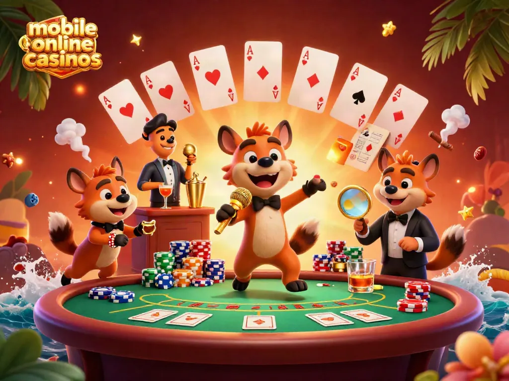Engaging scene of mobile online casinos featuring hyenas in a vibrant comedy casino club.