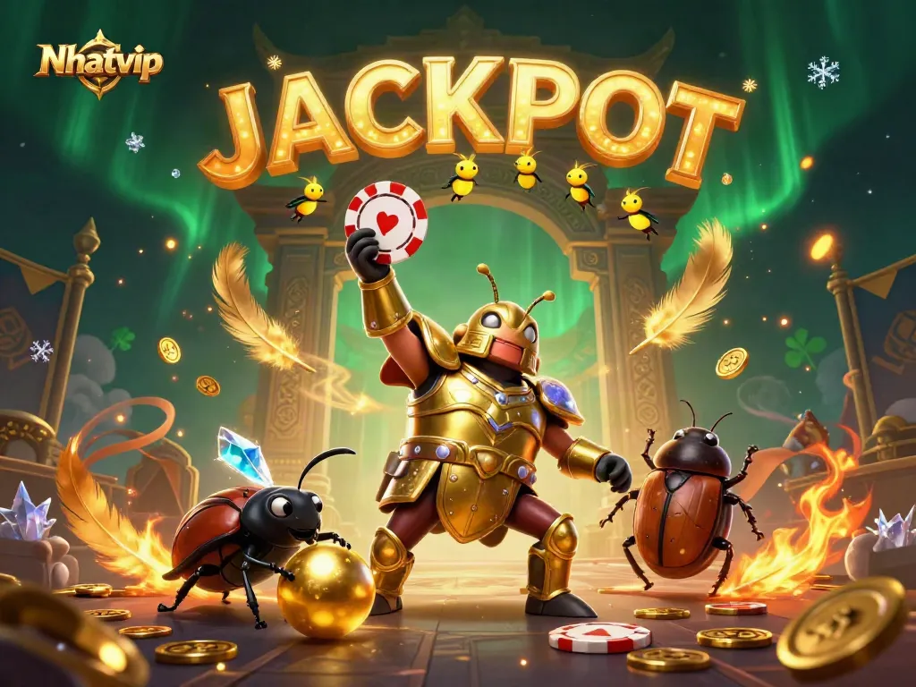Nhatvip jackpot scene featuring cartoon beetles in a winning casino atmosphere.