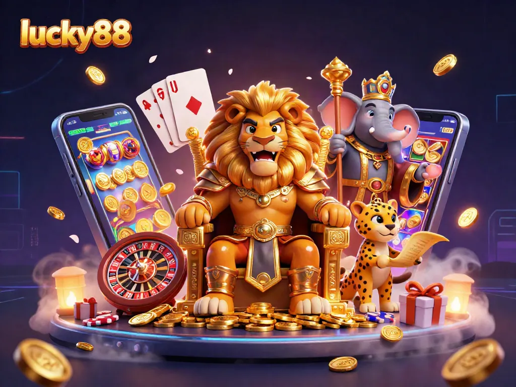 Engage with lucky88's dynamic casino scene featuring a lion king, elephant, and cheetah with exciting gaming elements.