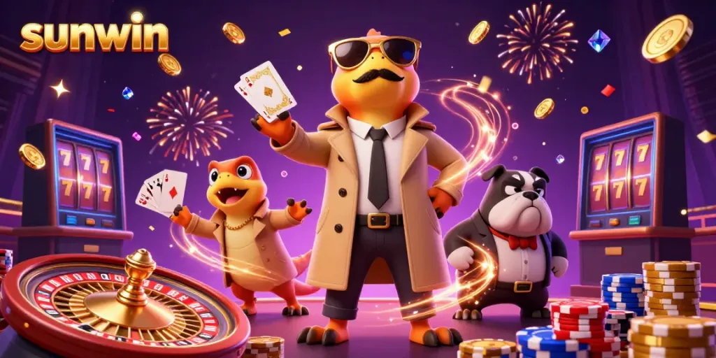 Experience thrilling gameplay at Sunwin with animated characters and casino elements showcasing vibrant gaming action.