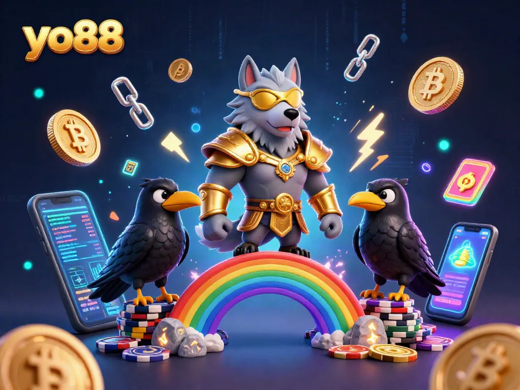 Experience yo88's captivating gaming world with Odin and ravens amid dazzling casino elements.