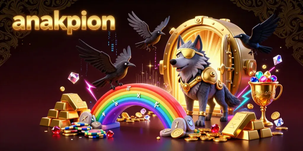 Anakpion showcases its vibrant casino atmosphere with Odin and two ravens on a colorful casino chip bridge.