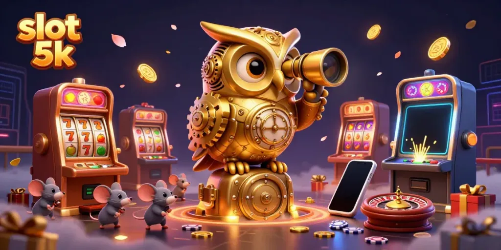 Engage in thrilling slot 5k games with a golden owl overseeing dynamic casino action and vibrant game elements.