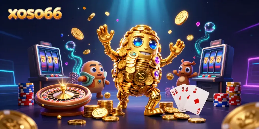 Experience exciting wins at xoso66 with our captivating 3D casino illustration filled with games and gold!