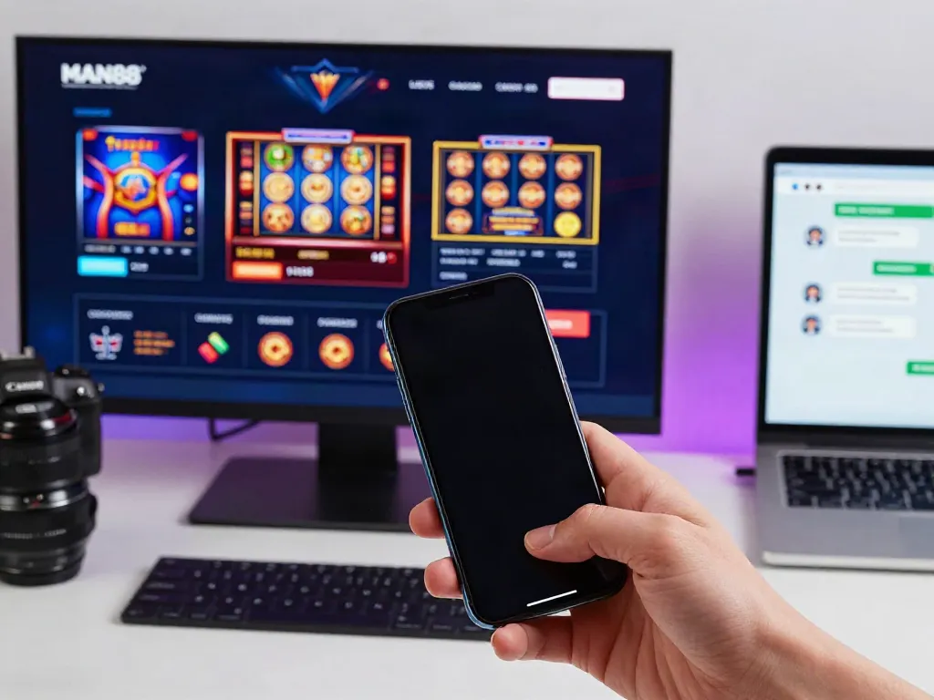 MAN88 online gaming platform interface featuring games and user interaction in a vibrant atmosphere.