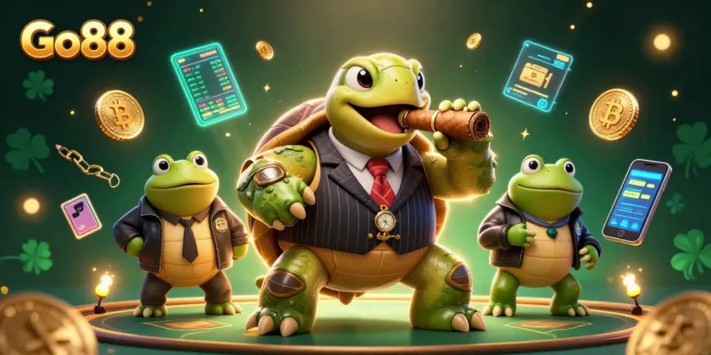 Engage in thrilling gameplay at Go88 with a vibrant 3D casino scene featuring a snapping turtle in a vintage suit.