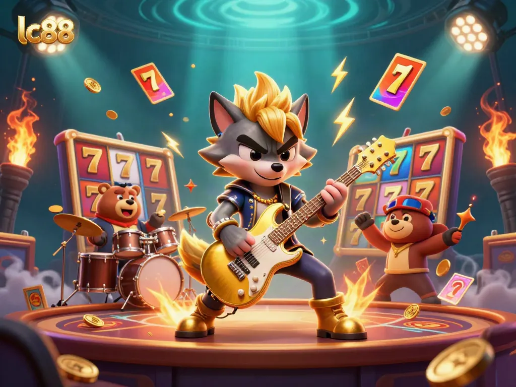 Experience the excitement at lc88 with cartoon wolf rock star and vibrant casino elements.