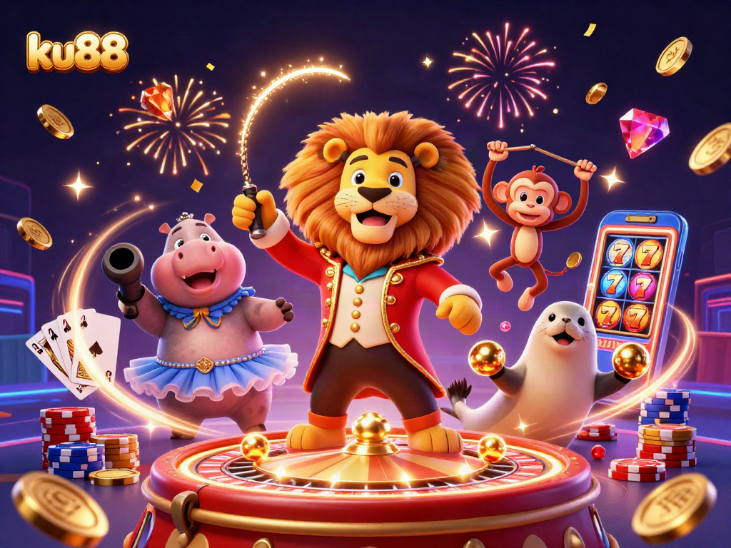 Experience the excitement of ku88 with dynamic illustrations of casino characters among vibrant gaming elements.