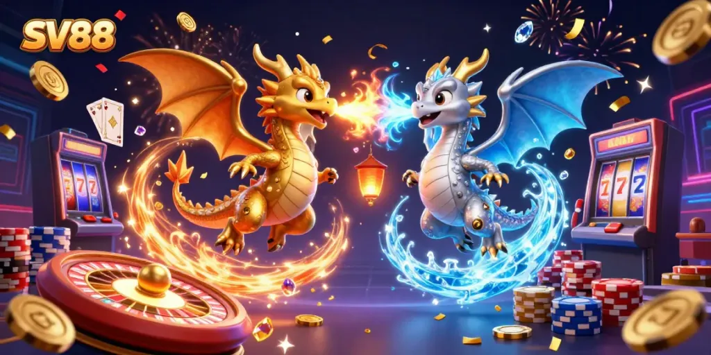 Spin to win with SV88: Exciting illustration showcasing casino dragons, coins, and games.