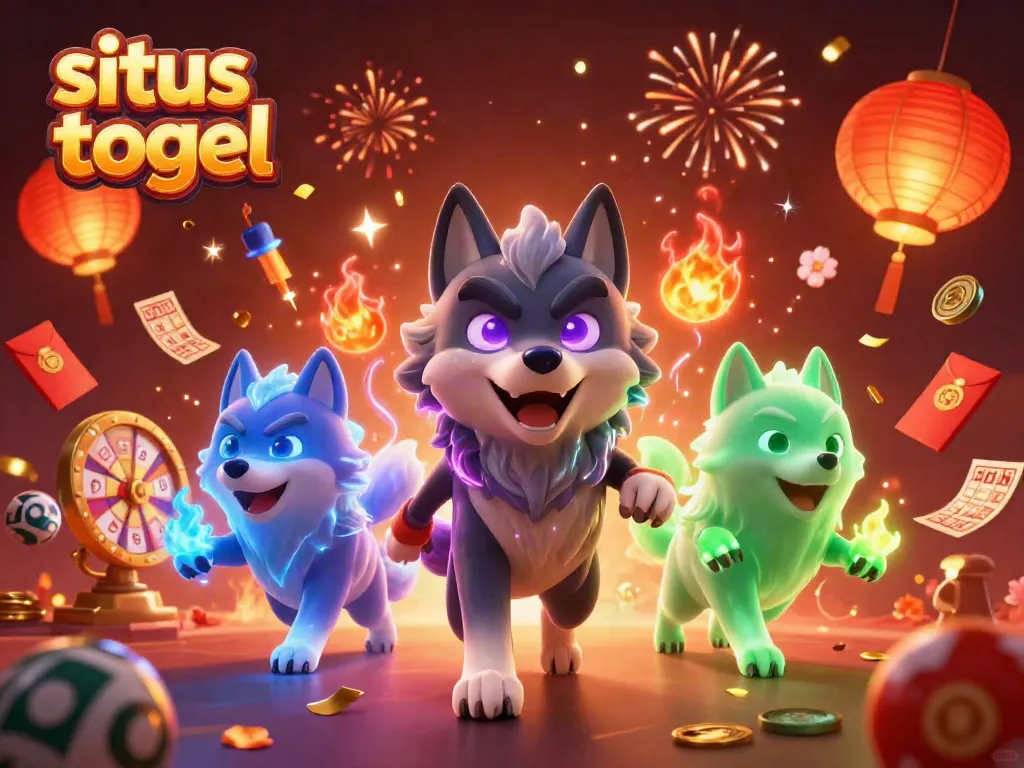 Engage with situs togel excitement through vibrant visuals of animated lottery elements and wolf pack.