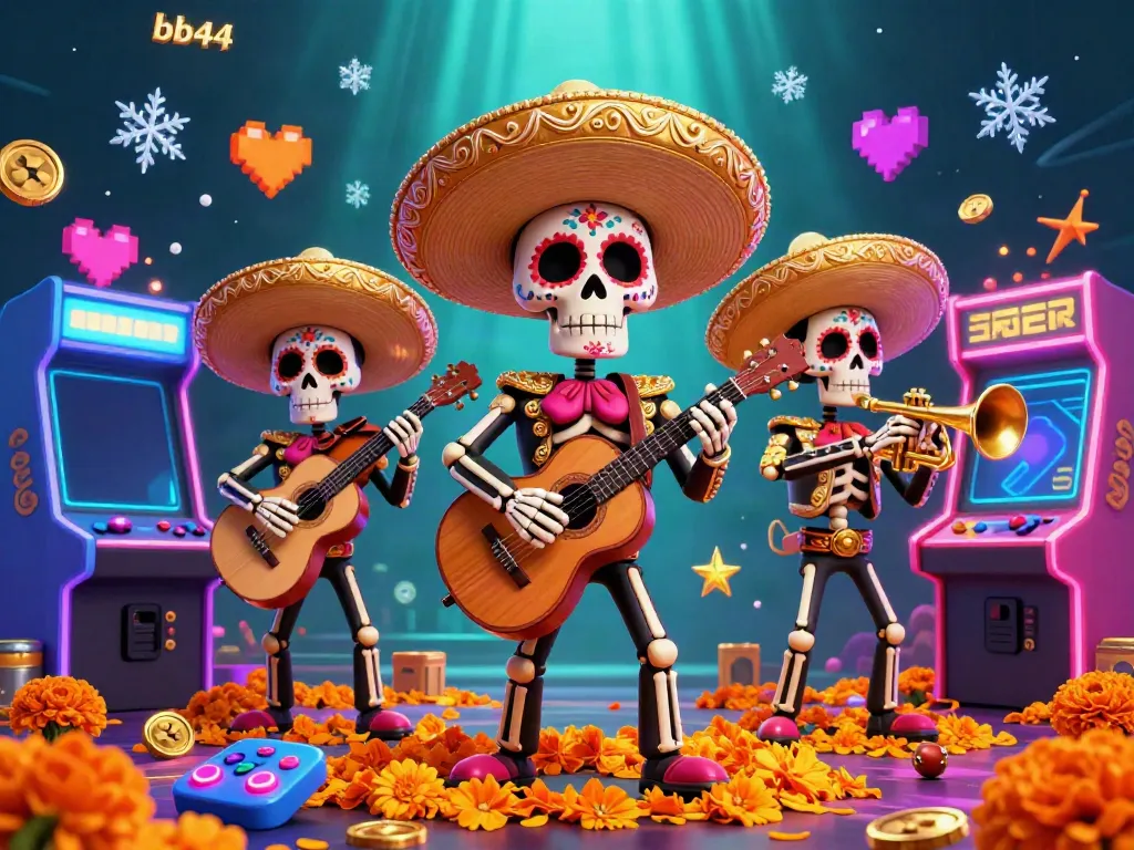 Experience exciting gameplay at bb44 with vibrant skeleton musicians among colorful gaming elements.