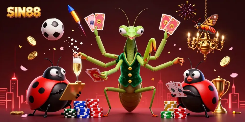 SIN88 sports betting scene showcasing unique characters dealing cards and dynamic game elements.