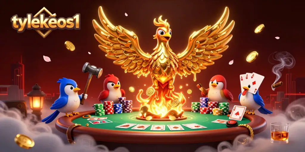 Experience the winning thrill at tylekeos1 with a captivating golden phoenix and poker elements.