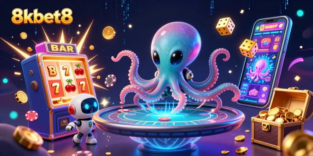 8xbet8 showcases a thrilling 3D casino scene with an octopus and robot at a holographic poker table
