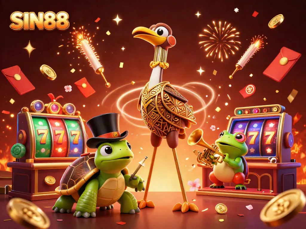 Experience thrilling moments at SIN88 with a lively casino scene featuring colorful slots, characters, and festive effects.