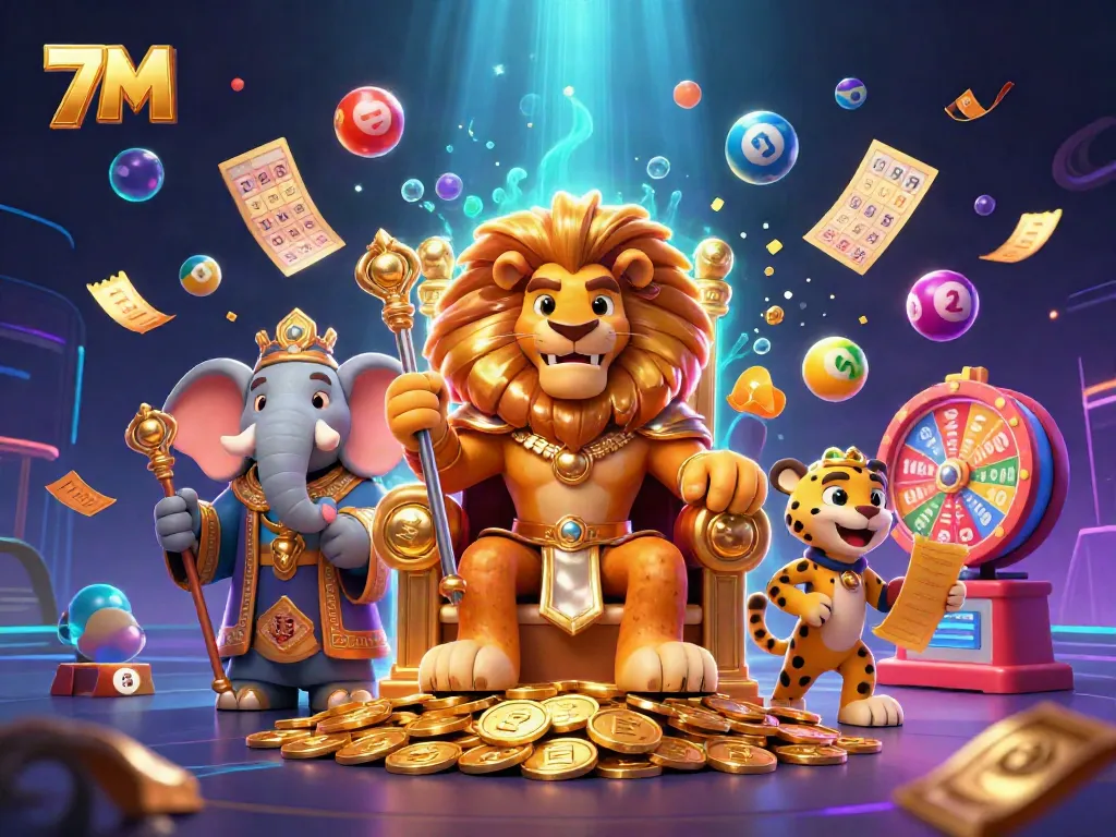 Engaging 7M lottery experience with cartoon characters and colorful elements for gamblers.