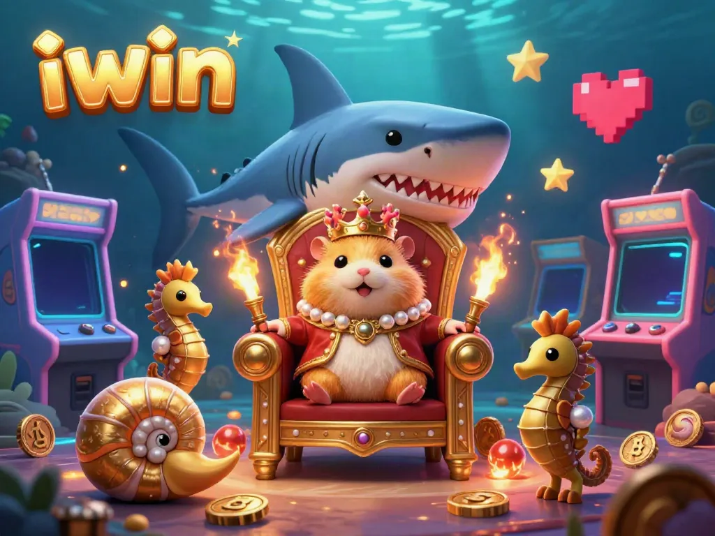 Engage with the vibrant iwin-themed casino scene featuring a golden hamster king on a megalodon throne, dynamic gaming elements.