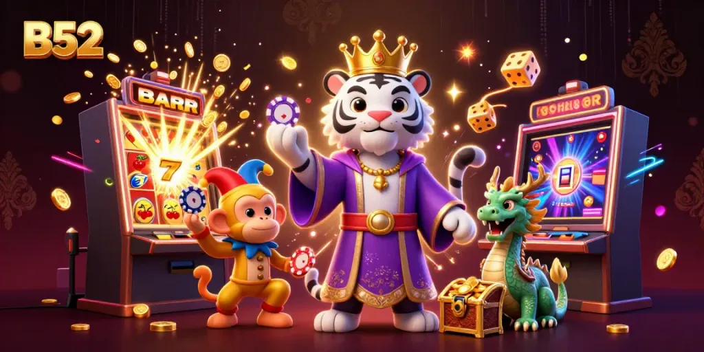 B52 casino scene showcasing a magical tiger, jester monkey, and dragon amid slot machine excitement.