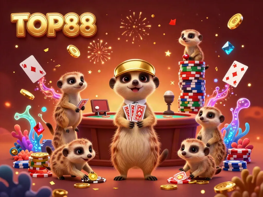 Join the lively casino operation of TOP88 by adorable meerkats, showcasing vibrant games and treasures.