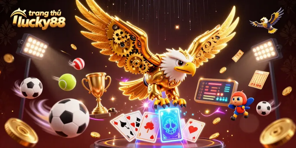 Experience the excitement of trang chủ lucky88 with a dynamic 3D casino gaming illustration featuring gaming elements.