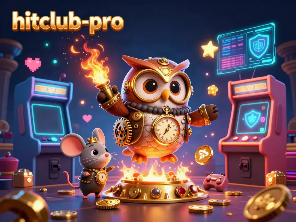 Experience the thrill of hitclub-pro's vivid 3D casino scene with time-traveling characters and glowing game elements.