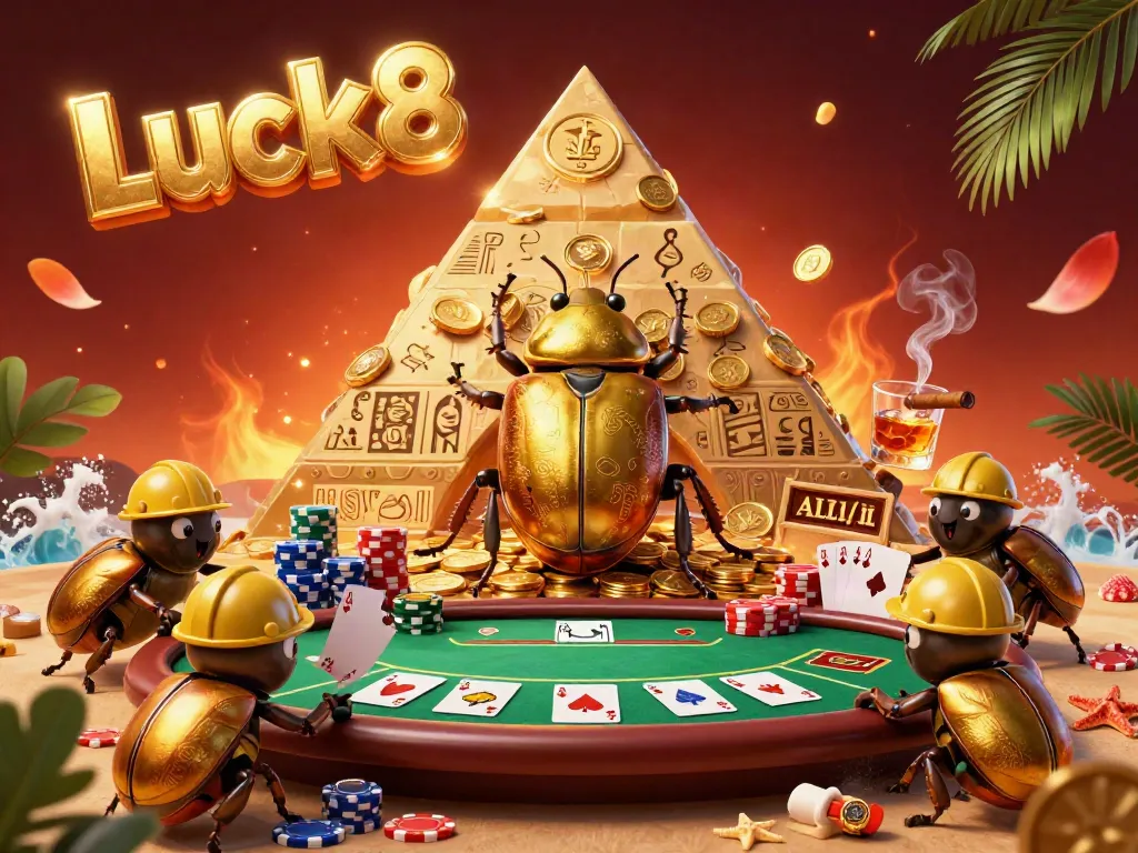 Luck8's golden beetle rolls coins in this vibrant 3D casino scene filled with gambling elements.