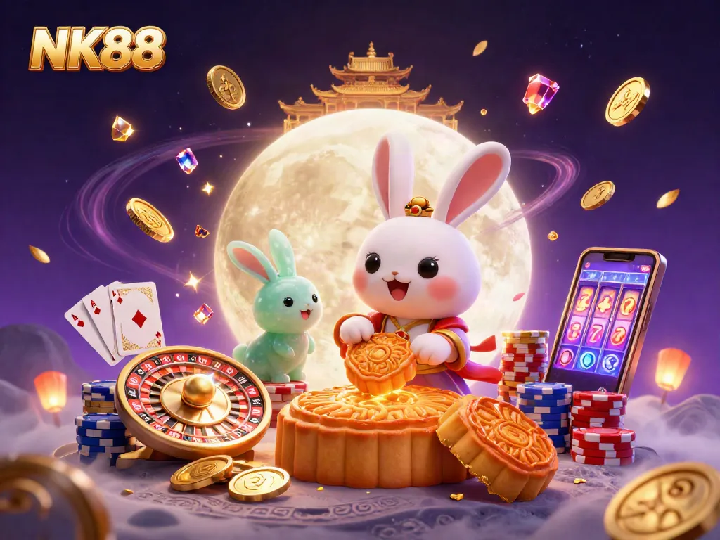 Engage with NK88's vibrant casino scene featuring a moon rabbit and poker elements.