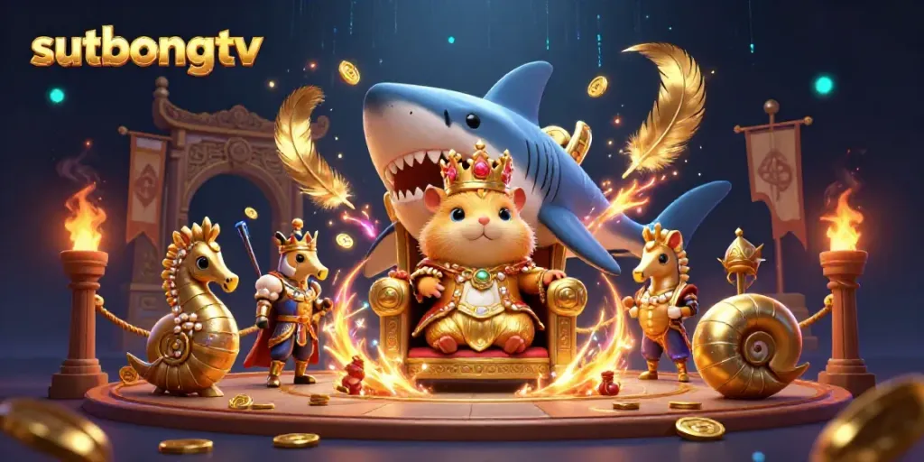 Sutbongtv showcases a fierce golden hamster king ruling from a megalodon throne amidst vibrant marine-themed elements.
