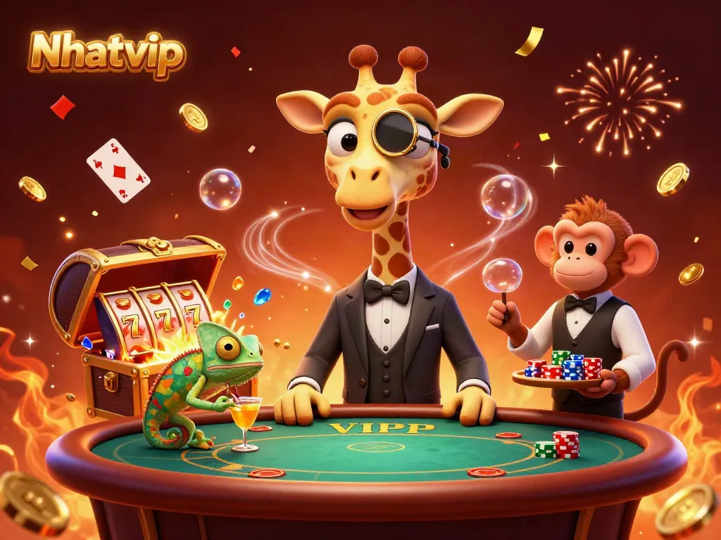 Experience the vibrant energy of Nhatvip's captivating casino scene with high-roller giraffe and friends.