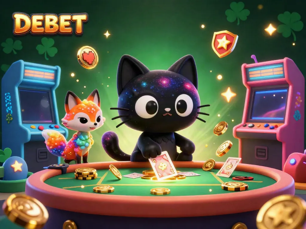 Engage with DEBET's vibrant casino world as a black hole cat draws in players with golden chips and cards.