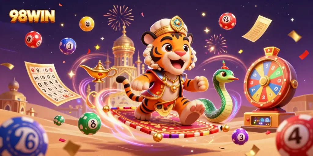 Experience the excitement of 98WIN with dynamic casino elements and vibrant characters in a magical scene.