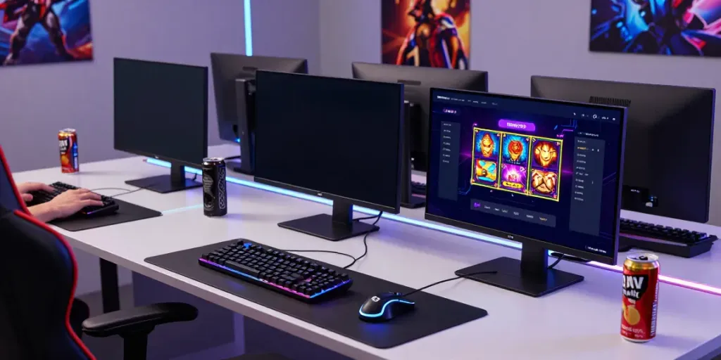 Gamer exploring Seributoto daftar on multiple monitors, showcasing vibrant slot games.
