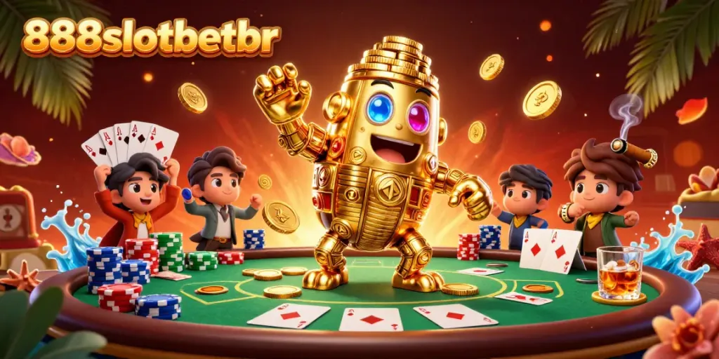 Spin the reels with 888slotbetbr, featuring golden golem and poker excitement in a vibrant casino scene.